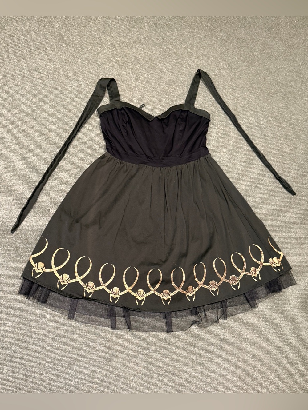 Marvel Loki Tie Halter Dress with Tulle Trimming and Gold Helmet Print
